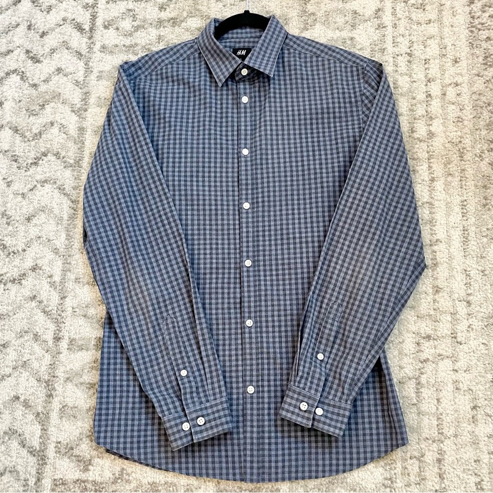 H&M Men’s Blue & Grey Gingham Check Long Sleeve Button Up Shirt - Medium - Picture 2 of 11